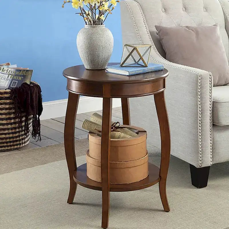 Table d'appoint ronde en noyer avec étagère inférieure