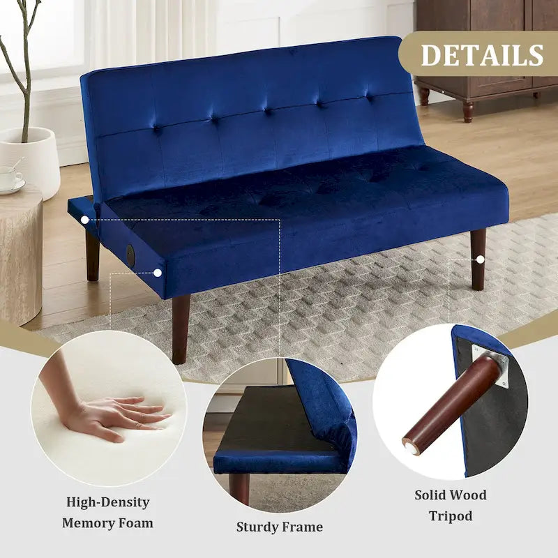 Mini canapé-lit pliant, petit canapé deux places de 114 cm avec dossier réglable et port de charge, fauteuil inclinable convertible moderne