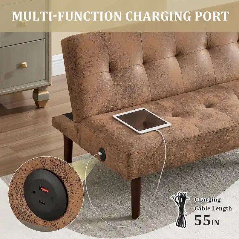 Mini canapé-lit pliant, petit canapé deux places de 114 cm avec dossier réglable et port de charge, fauteuil inclinable convertible moderne