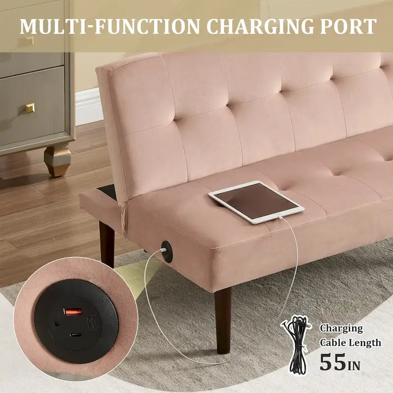 Mini canapé-lit pliant, petit canapé deux places de 114 cm avec dossier réglable et port de charge, fauteuil inclinable convertible moderne