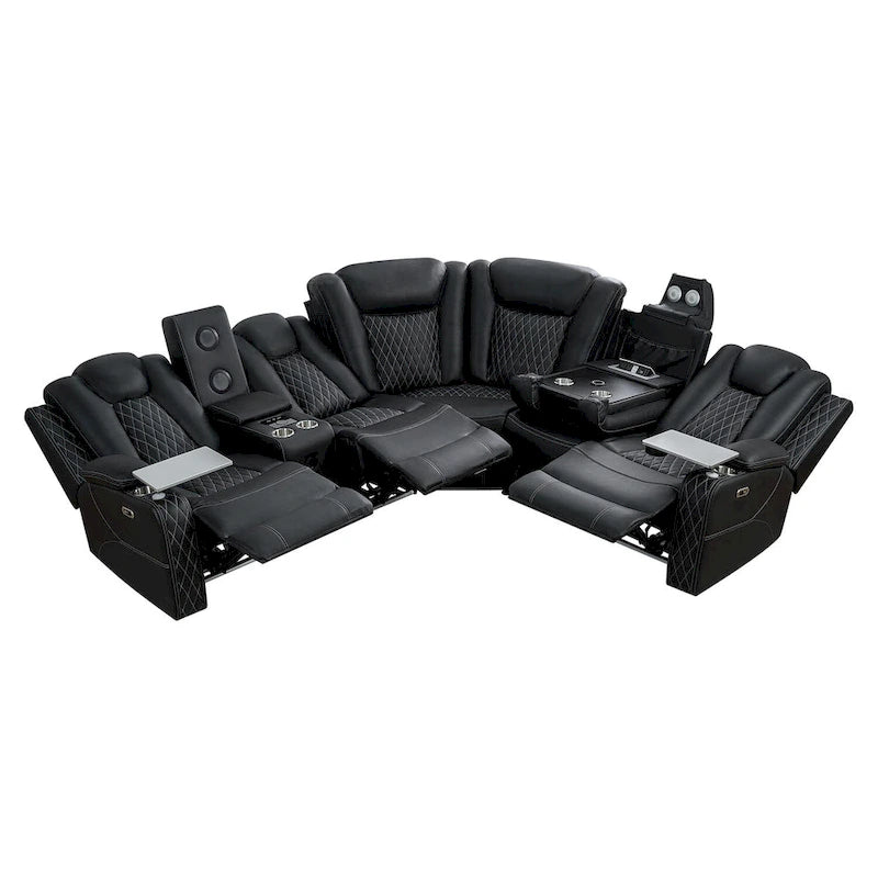 Canapé d'angle inclinable de luxe 5 et 6 places avec LED, USB, chargement sans fil, Bluetooth et rangement