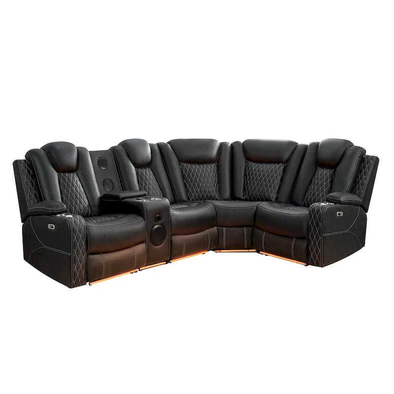 Canapé d'angle inclinable de luxe 5 et 6 places avec LED, USB, chargement sans fil, Bluetooth et rangement
