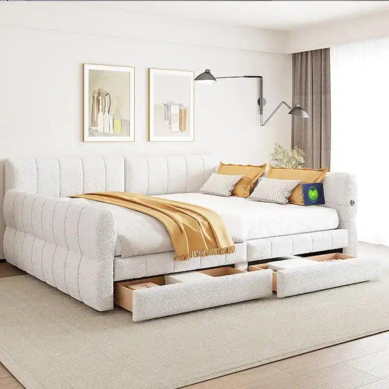 Lit plateforme rembourré Queen Size avec port USB et 2 tiroirs, blanc