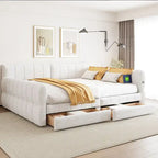 Lit plateforme rembourré Queen Size avec port USB et 2 tiroirs, blanc