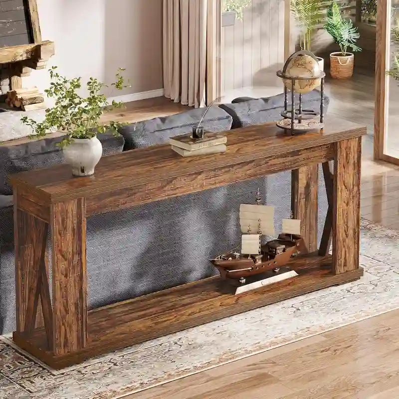 63 Console, table d'entrée de style rustique à 2 niveaux avec étagères de rangement