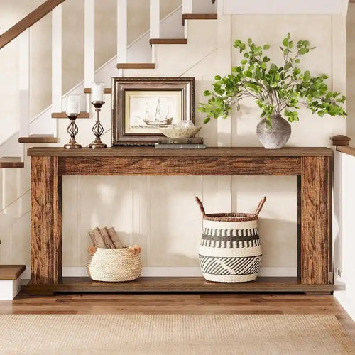 63 Console, table d'entrée de style rustique à 2 niveaux avec étagères de rangement