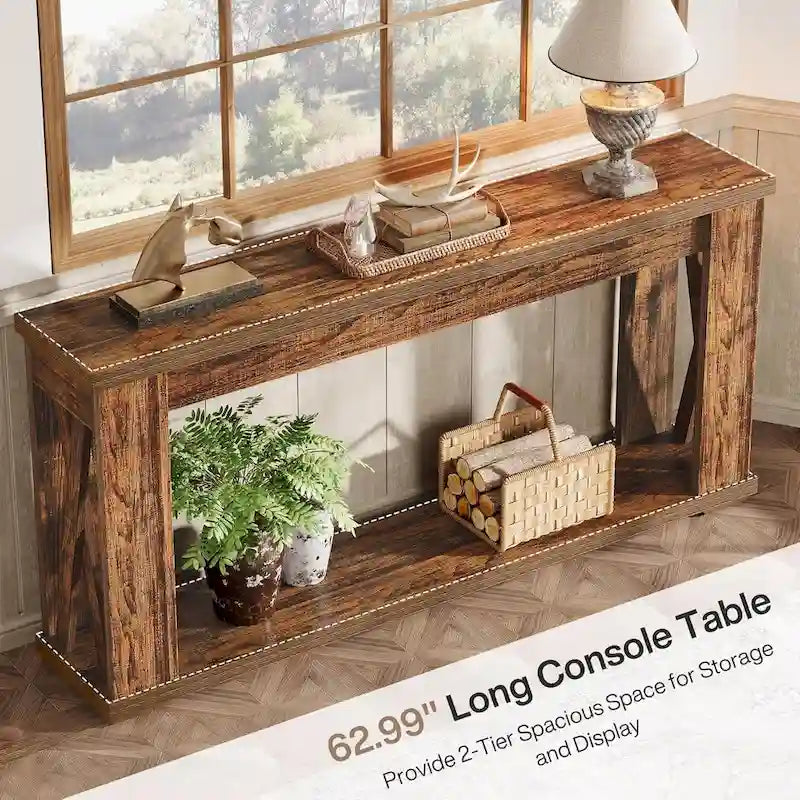 63 Console, table d'entrée de style rustique à 2 niveaux avec étagères de rangement
