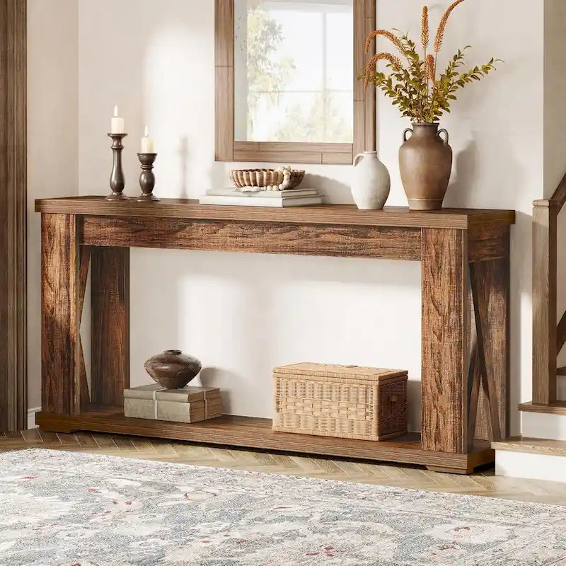 63 Console, table d'entrée de style rustique à 2 niveaux avec étagères de rangement