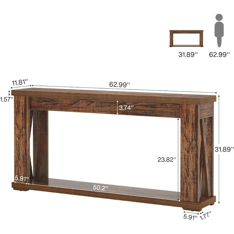 63 Console, table d'entrée de style rustique à 2 niveaux avec étagères de rangement