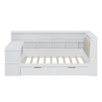Canapé-lit d'angle en bois en forme de L avec bureau, bibliothèque, lit d'angle avec tiroirs de rangement, tête de lit rembourrée et éclairage intégré