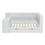Canapé-lit d'angle en bois en forme de L avec bureau, bibliothèque, lit d'angle avec tiroirs de rangement, tête de lit rembourrée et éclairage intégré