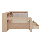 Canapé-lit d'angle en bois en forme de L avec bureau, bibliothèque, lit d'angle avec tiroirs de rangement, tête de lit rembourrée et éclairage intégré