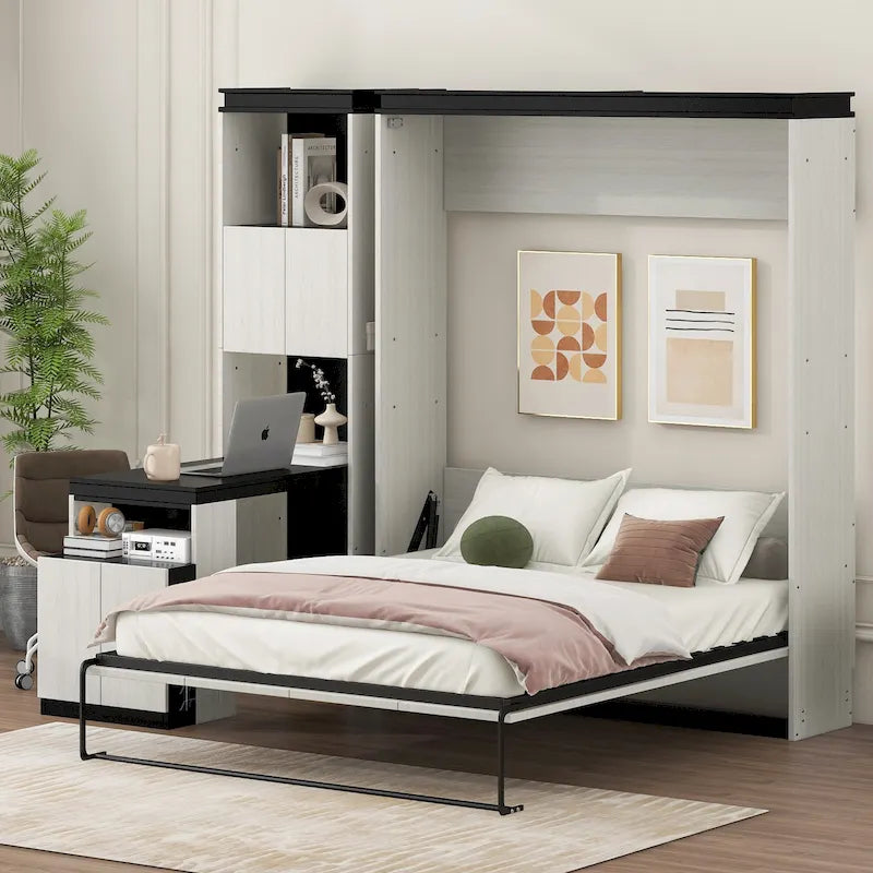Lit escamotable grand format avec bureau et étagères de rangement