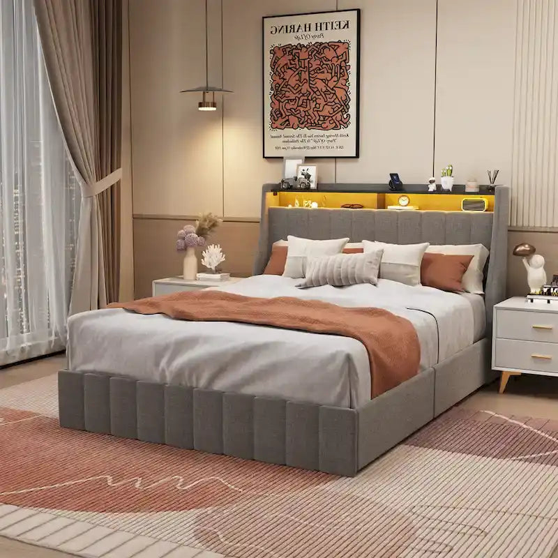 Light Grey Full Size Platform Bed with LED and Storage Drawers