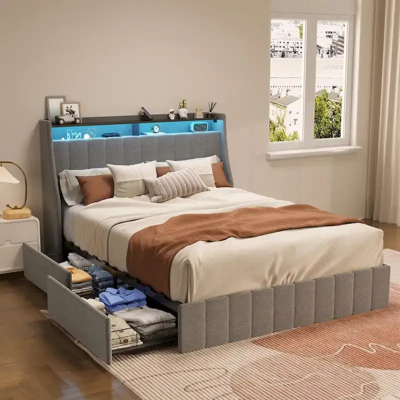 Lit plateforme pleine grandeur gris clair avec lumières DEL et tiroirs de rangement