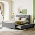 Grey Linen Upholstered Full Platform Bed with Brick Pattern Headboard and Trundle - No Box Spring Needed