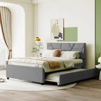 Grey Linen Upholstered Full Platform Bed with Brick Pattern Headboard and Trundle - No Box Spring Needed