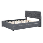 Lit plateforme double rembourré en lin gris avec tête de lit motif brique et lit gigogne - Aucun sommier tapissier requis