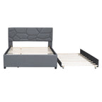 Lit plateforme double rembourré en lin gris avec tête de lit motif brique et lit gigogne - Aucun sommier tapissier requis