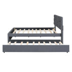 Lit plateforme double rembourré en lin gris avec tête de lit motif brique et lit gigogne - Aucun sommier tapissier requis