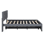Lit plateforme double rembourré en lin gris avec tête de lit motif brique et lit gigogne - Aucun sommier tapissier requis