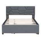 Lit plateforme double rembourré en lin gris avec tête de lit motif brique et lit gigogne - Aucun sommier tapissier requis