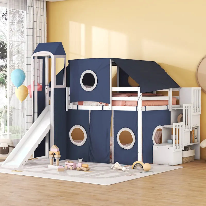 Lit mezzanine complet avec tente et tour de château et cadre en bois massif, capacité de 181 kg, design cabane de jeu