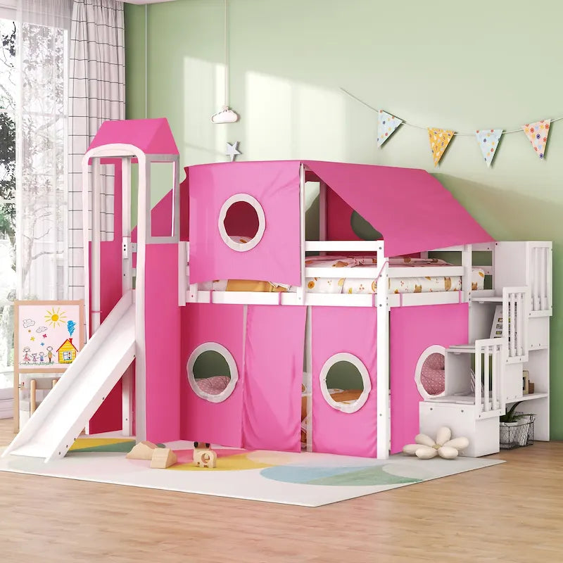 Lit mezzanine complet avec tente et tour de château et cadre en bois massif, capacité de 181 kg, design cabane de jeu