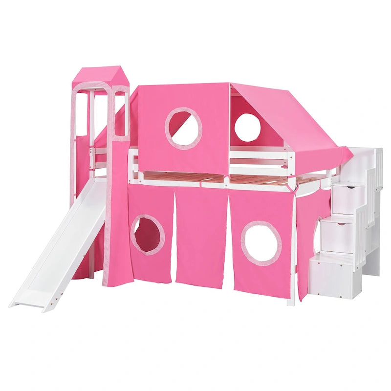 Lit mezzanine complet avec tente et tour de château et cadre en bois massif, capacité de 181 kg, design cabane de jeu