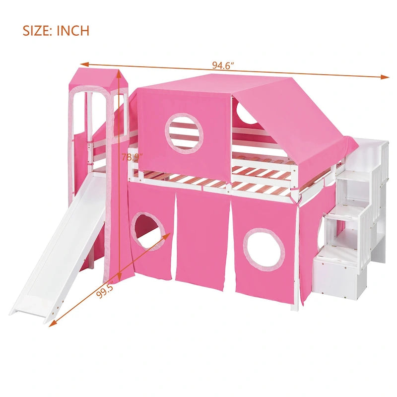 Lit mezzanine complet avec tente et tour de château et cadre en bois massif, capacité de 181 kg, design cabane de jeu