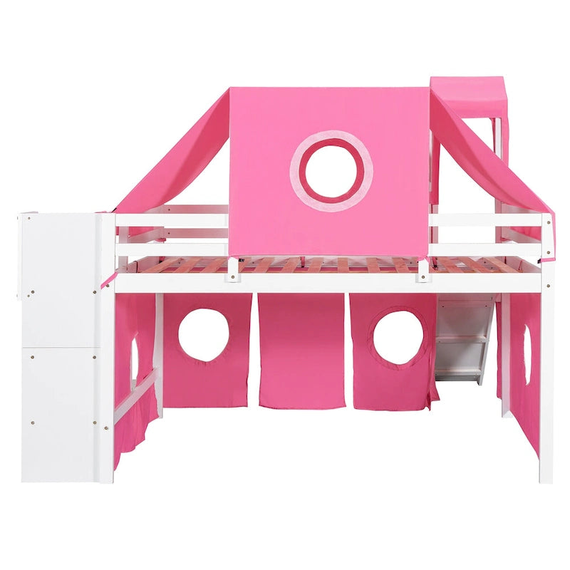 Lit mezzanine complet avec tente et tour de château et cadre en bois massif, capacité de 181 kg, design cabane de jeu