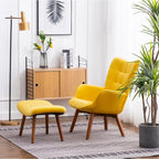 Fauteuil d'appoint jaune moderne en polyester 33 avec ottoman et pieds fuselés en bois