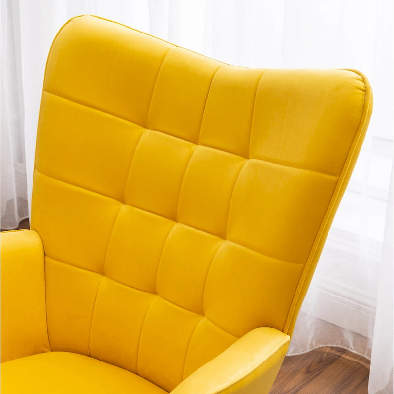 Fauteuil d'appoint jaune moderne en polyester 33 avec ottoman et pieds fuselés en bois