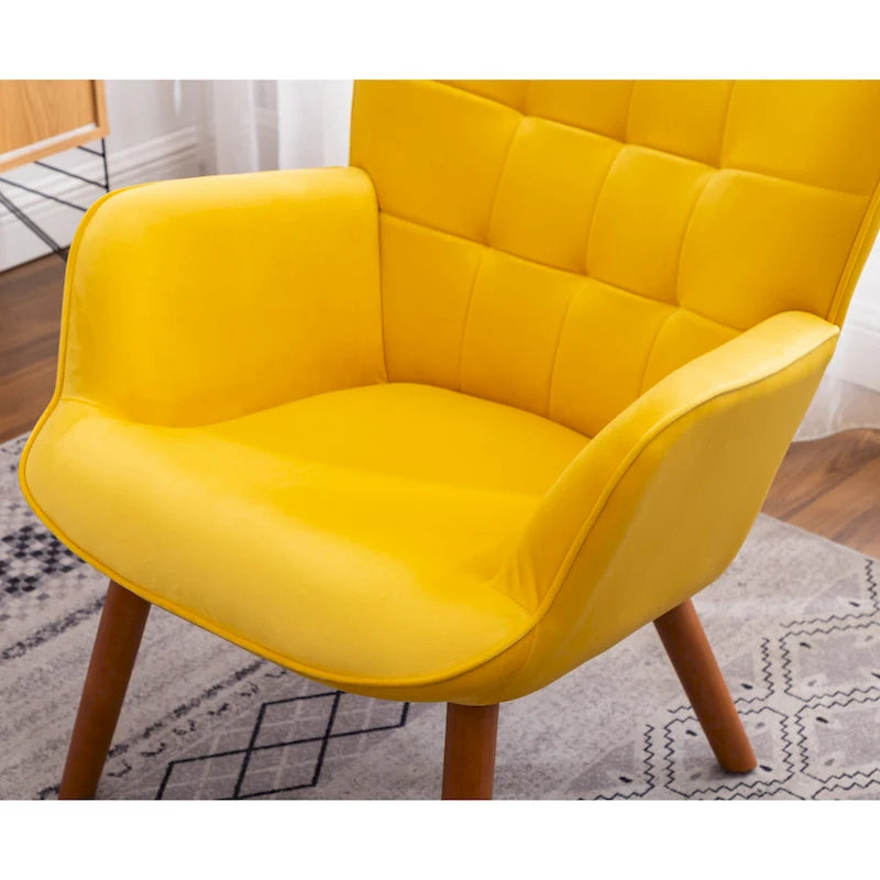 Fauteuil d'appoint jaune moderne en polyester 33 avec ottoman et pieds fuselés en bois