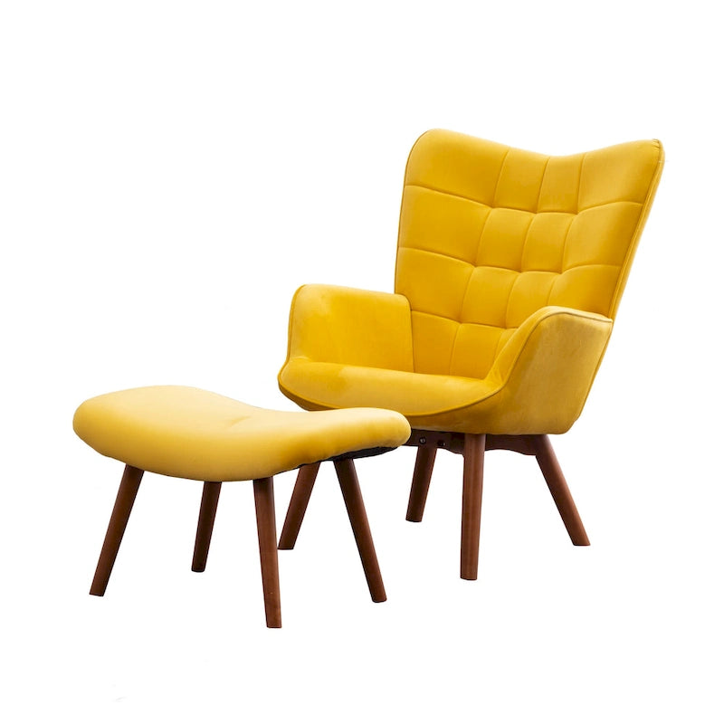 Fauteuil d'appoint jaune moderne en polyester 33 avec ottoman et pieds fuselés en bois