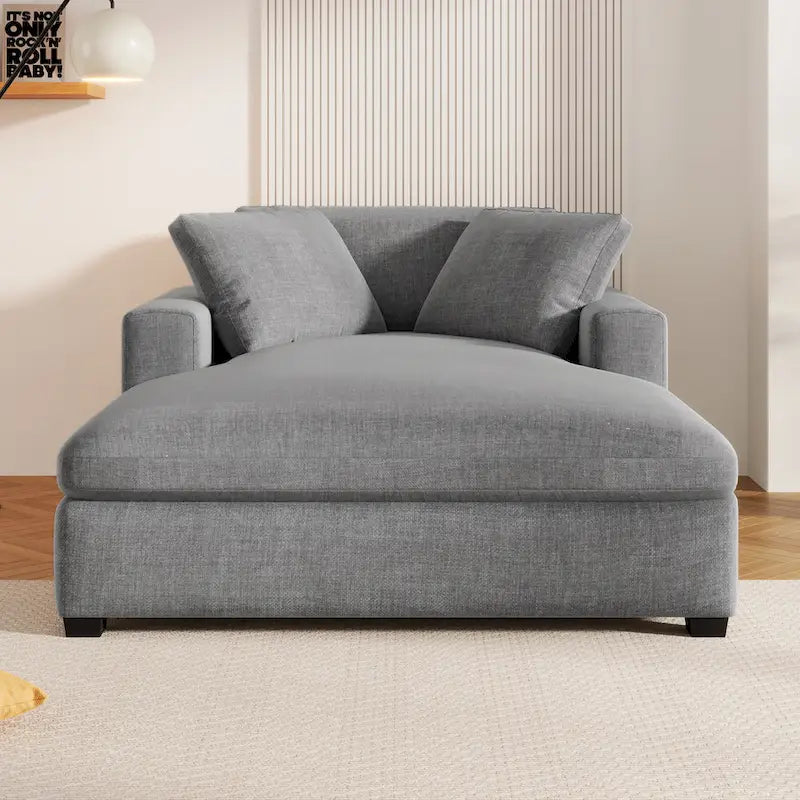 Chaise longue moderne grise de 53,5 po avec pieds en bois massif et oreillers pour salon