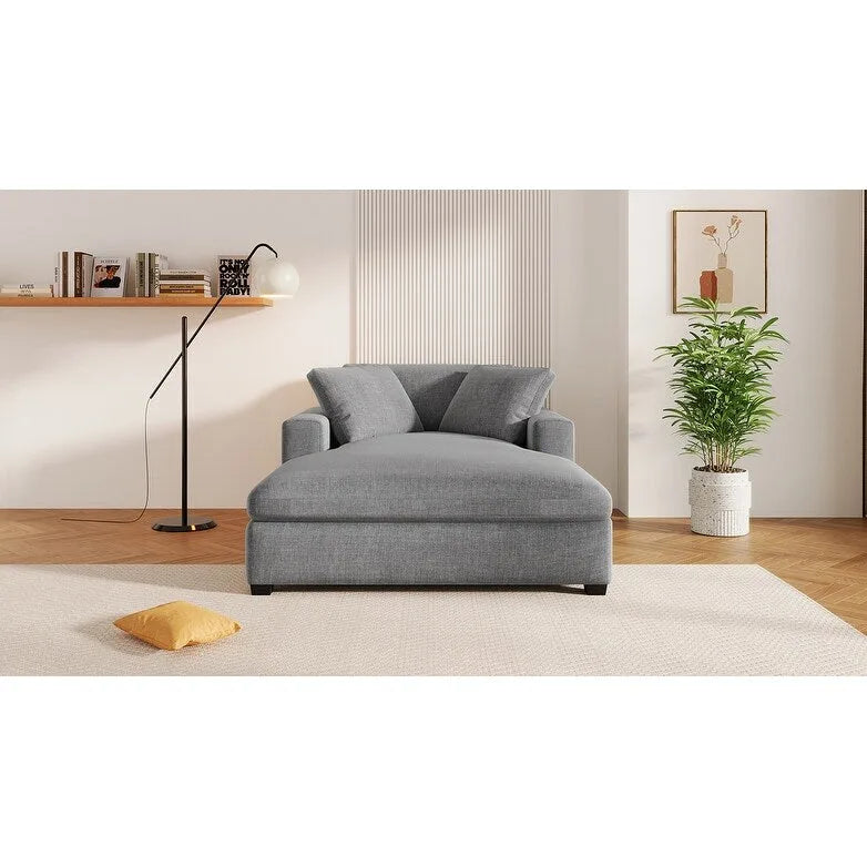 Chaise longue moderne grise de 53,5 po avec pieds en bois massif et oreillers pour salon