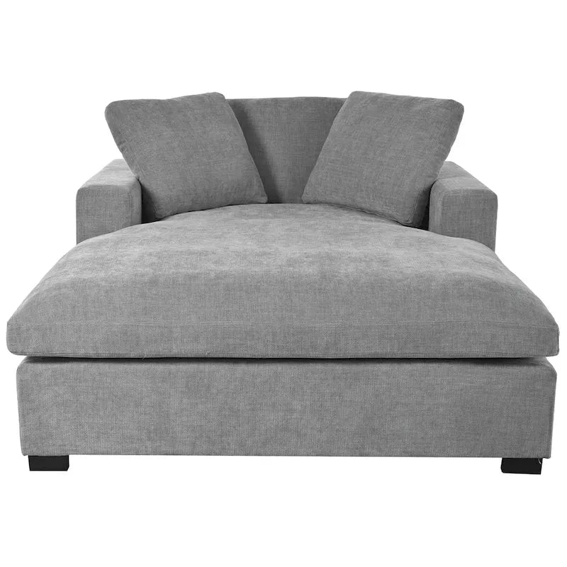 Chaise longue moderne grise de 53,5 po avec pieds en bois massif et oreillers pour salon