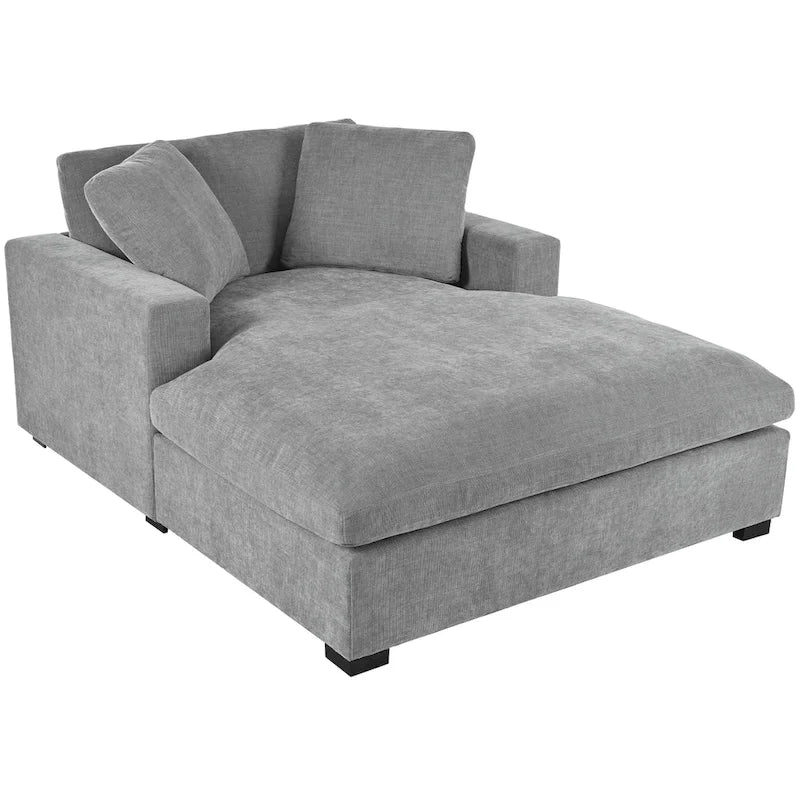 Chaise longue moderne grise de 53,5 po avec pieds en bois massif et oreillers pour salon
