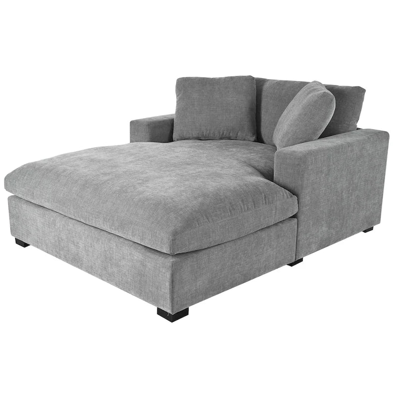 Chaise longue moderne grise de 53,5 po avec pieds en bois massif et oreillers pour salon