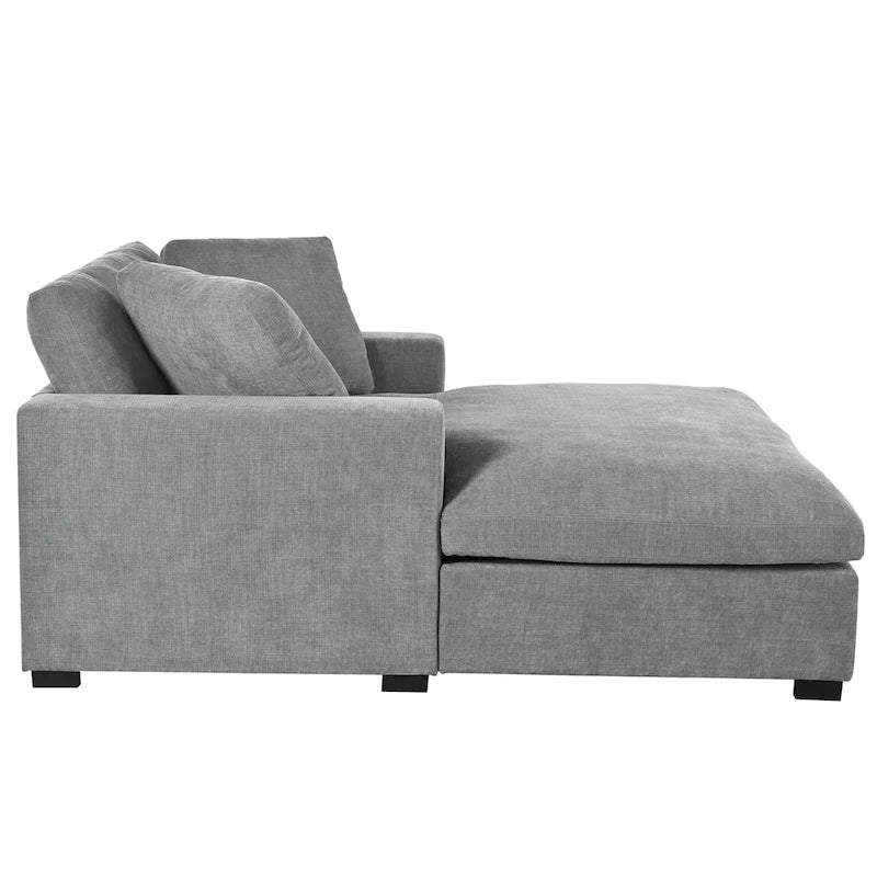 Chaise longue moderne grise de 53,5 po avec pieds en bois massif et oreillers pour salon
