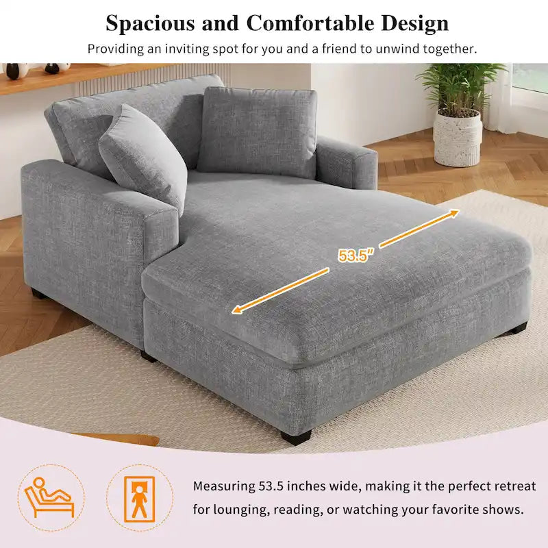 Chaise longue moderne grise de 53,5 po avec pieds en bois massif et oreillers pour salon