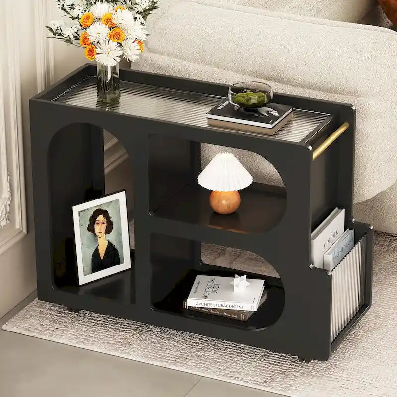 Table d'appoint mobile moderne de 31,5 avec verre trempé cannelé de 5 mm d'épaisseur, roulettes verrouillables et barre ronde dorée