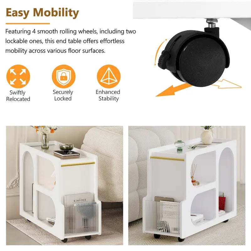 Table d'appoint mobile moderne de 31,5 avec verre trempé cannelé de 5 mm d'épaisseur, roulettes verrouillables et barre ronde dorée