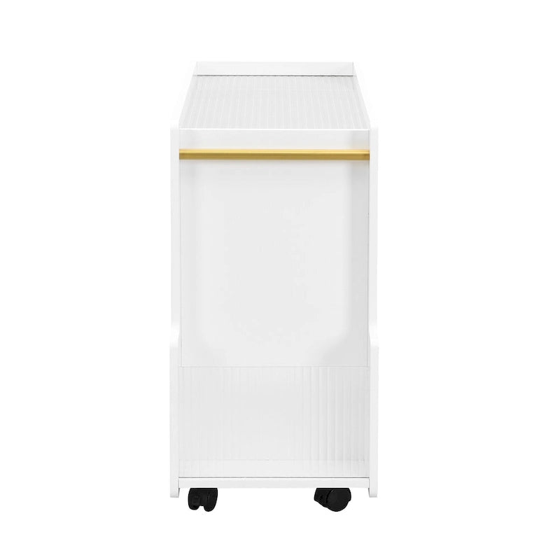 Table d'appoint mobile moderne de 31,5 avec verre trempé cannelé de 5 mm d'épaisseur, roulettes verrouillables et barre ronde dorée