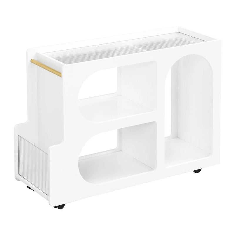 Table d'appoint mobile moderne de 31,5 avec verre trempé cannelé de 5 mm d'épaisseur, roulettes verrouillables et barre ronde dorée