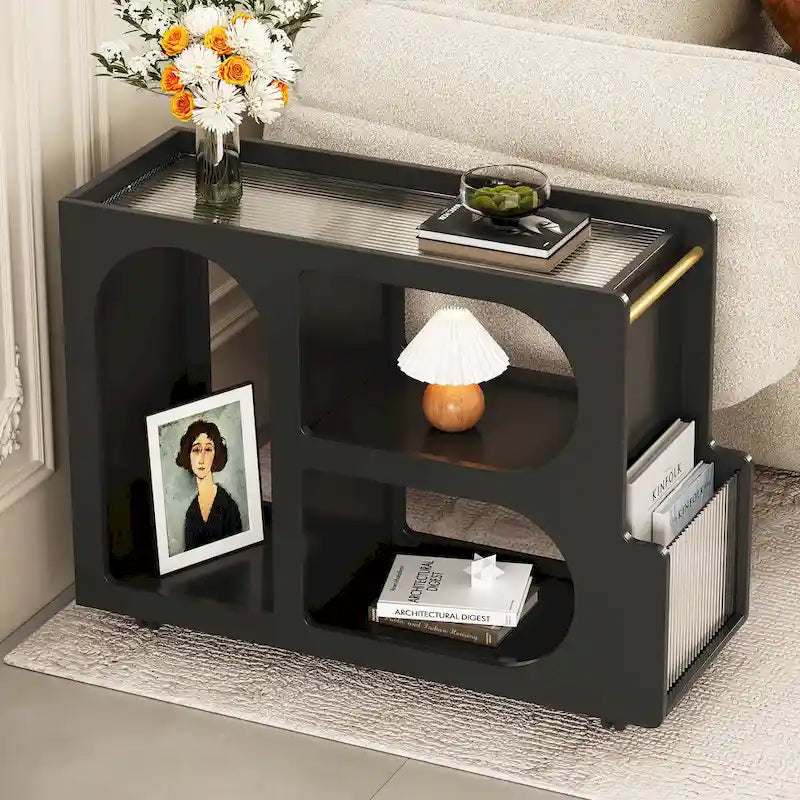 Table d'appoint mobile moderne de 31,5 avec verre trempé cannelé de 5 mm d'épaisseur, roulettes verrouillables et barre ronde dorée