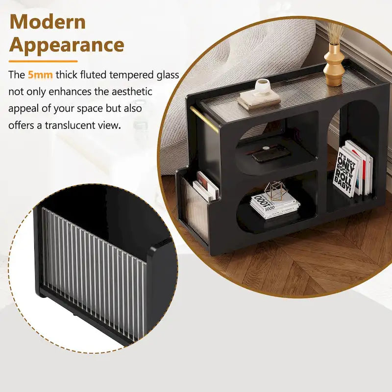 Table d'appoint mobile moderne de 31,5 avec verre trempé cannelé de 5 mm d'épaisseur, roulettes verrouillables et barre ronde dorée