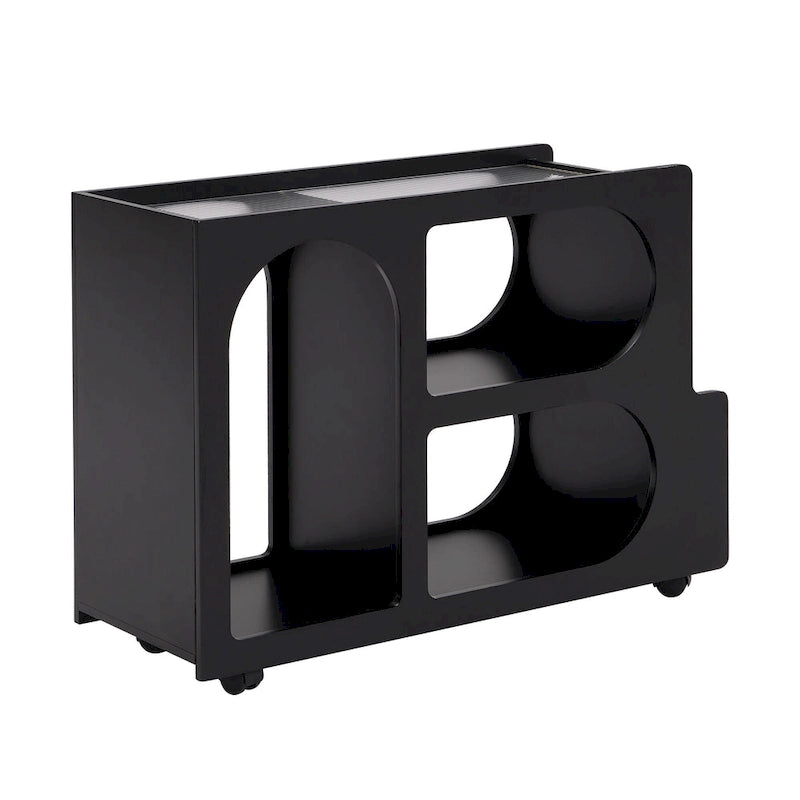 Table d'appoint mobile moderne de 31,5 avec verre trempé cannelé de 5 mm d'épaisseur, roulettes verrouillables et barre ronde dorée