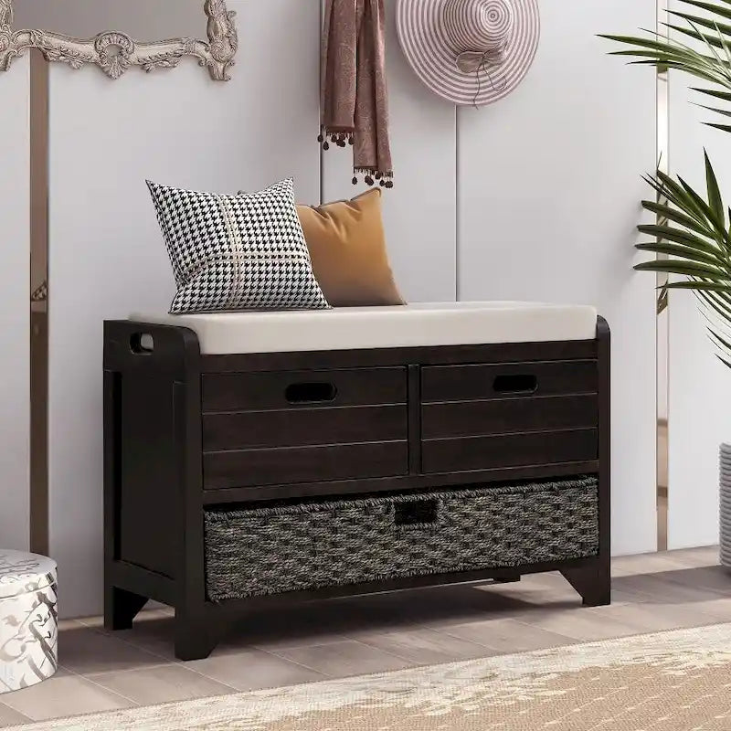 Banc de rangement d'entrée avec panier amovible et 2 tiroirs, avec coussin amovible pour salon